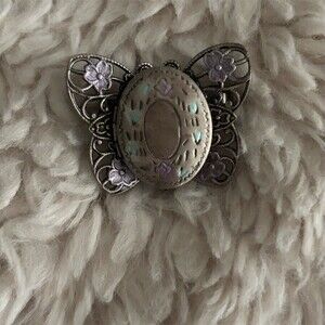Butterfly Locket Brooch Pin Purple & Light Blue Floral Enamel Hinged Photo